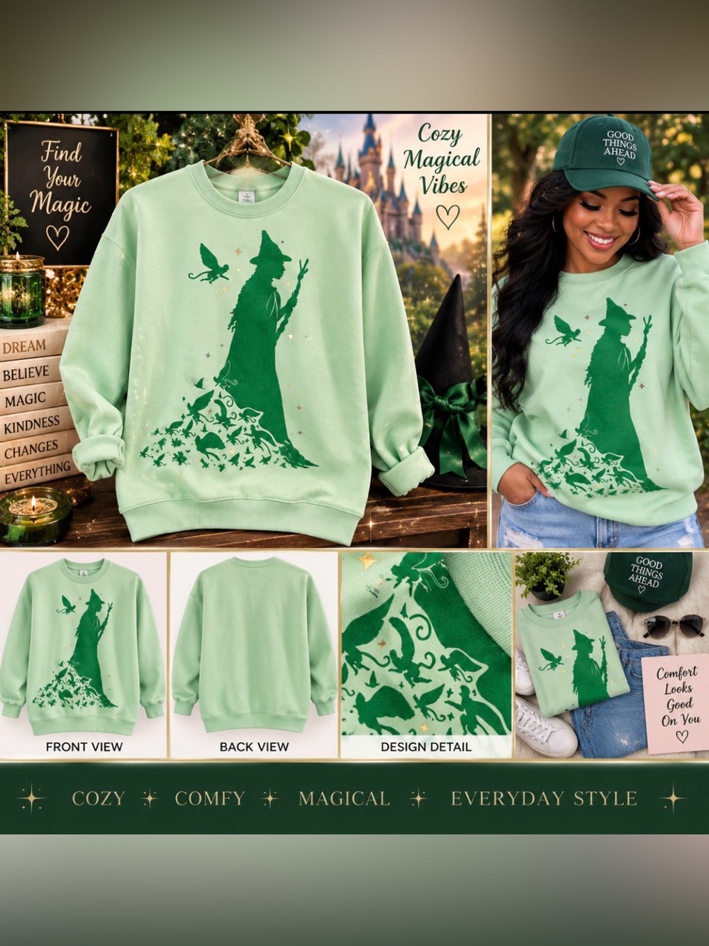 Cozy Green Witch Silhouette Sweatshirt - Women